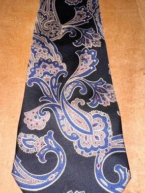 70s Black Paisley Tie with Blue and Gray Accents
